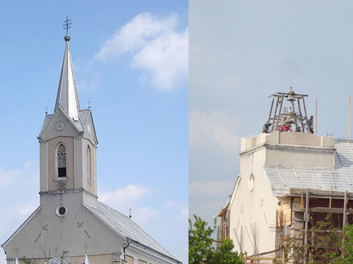 Foto Biserica din Cimitirul Vesel Sapanta - inainte si dupa demolarea turlei (c) eMaramures.ro